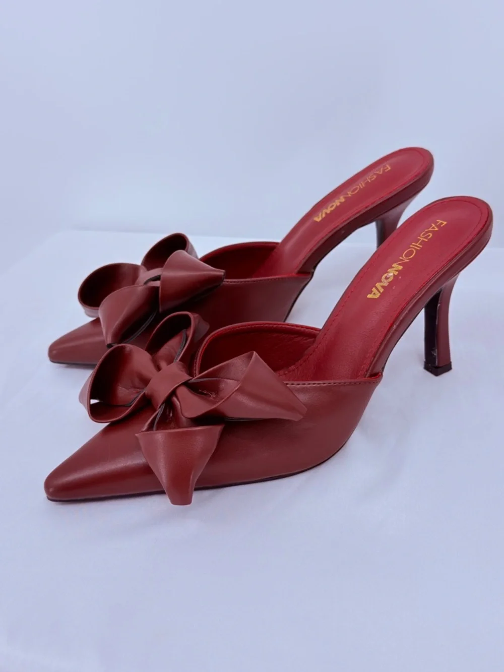 Fashion Nova Red Bow Heels Size 7.5 Pointed Toe Mule Stiletto Slip On